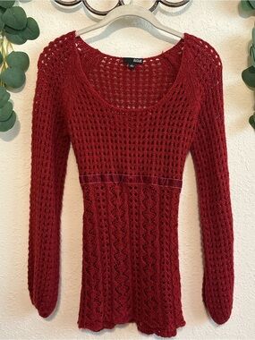 Y2K Red Cottagecore Open-Knit Babydoll Sweater❤️